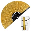 Glitter Large Rave Folding Clack Hand Fan with Holster, Popping Handheld Fan Foldable for Men Women for EDM Festival Club Party Dance, (Golden, Large 13")