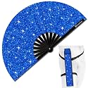 Glitter Large Rave Folding Clack Hand Fan with Holster, Popping Handheld Fan Foldable for Men Women for EDM Festival Club Party Dance, (Blue, Large 13")