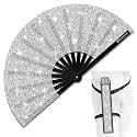Glitter Large Rave Folding Clack Hand Fan with Holster, Popping Handheld Fan Foldable for Men Women for EDM Festival Club Party Dance, (Silver, Medium 11")