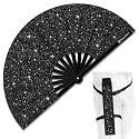 Glitter Large Rave Folding Clack Hand Fan with Holster, Popping Handheld Fan Foldable for Men Women for EDM Festival Club Party Dance, (Black, Large 13")