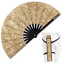 Glitter Large Rave Folding Clack Hand Fan with Holster, Popping Handheld Fan Foldable for Men Women for EDM Festival Club Party Dance, (Champagne, Large 13")