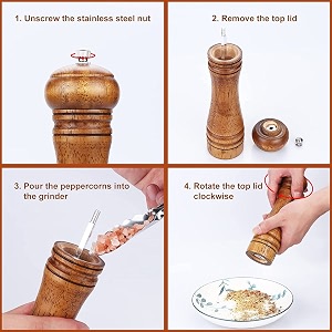 traditional wooden salt amp pepper grinder mixer mill manual shaker spice storage ceramic crusher mill with adjustable coarseness setting best kitchen tools - 8 inch