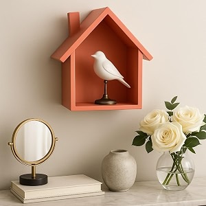 house-shaped wall shelf 25 x 25 x 10 cm decorative display unit peach