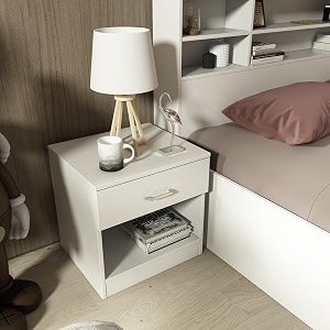 swiss bedside table  engineered wood  frosty white finish knock down storage open amp closed 36-month warranty