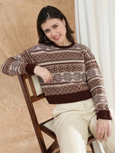 globus printed round neck casual women brown sweater