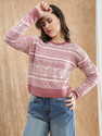 Globus Printed Round Neck Casual Women Pink, White Sweater
