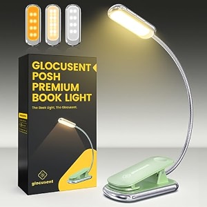 glocusent posh premium book light for reading in bed with timer 16-led rechargeable reading light runs 160hrs 1800k eyecaring clip on book light 3 colors amp 5 brightness levels perfect for readers
