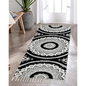 glofy bedside runner hand woven hand printed pure cotton carpet 2x5 feet 60cm x 152cm for bedroomlivingroomkitchenyoga and multi purpose colour - black f print