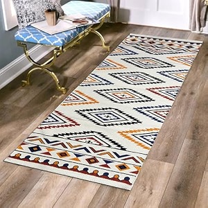 glofy bedside runner hand woven pure cotton carpet 2x5 feet 60cm x 152cm for bedroomlivingroomkitchenyoga and multi purpose colour - multi diamond print