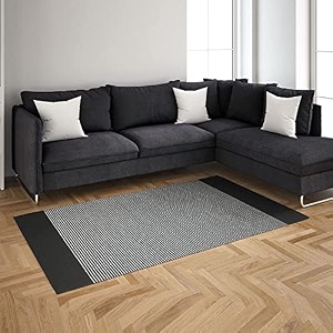 glofy bedside runner hand woven pure cotton carpet 2x5 feet 60cm x 152cm for bedroomlivingroomkitchenyoga and multi purpose colour - black stripe degine