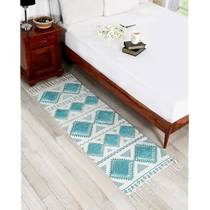 glofy bedside runner hand woven pure cotton carpet 2x5 feet 60cm x 152cm for bedroomlivingroomkitchenyoga and multi purpose colour - sky blue amp white