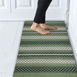 glofy bedside runner hand woven pure cotton carpet 2x5 feet 60cm x 152cm for bedroomlivingroomkitchenyoga and multi purpose colour - green diamond box