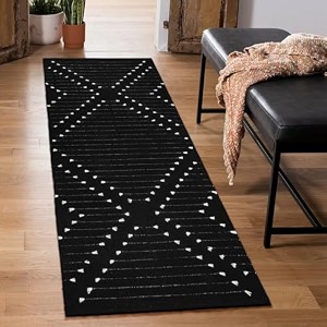 glofy bedside runner hand woven pure cotton carpet 2x5 feet 60cm x 152cm for bedroomlivingroomkitchenyoga and multi purpose colour - black bindi degine