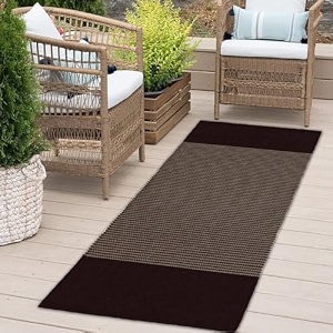 glofy bedside runner hand woven pure cotton carpet 2x5 feet 60cm x 152cm for bedroomlivingroomkitchenyoga and multi purpose colour - brown stripe degine