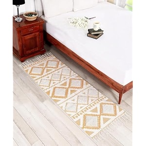 glofy bedside runner hand woven pure cotton carpet 2x5 feet 60cm x 152cm for bedroomlivingroomkitchenyoga and multi purpose colour - yellow amp white