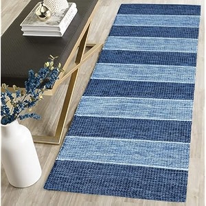 glofy bedside runner hand woven pure cotton carpet 2x5 feet 60cm x 152cm for bedroomlivingroomkitchenyoga and multi purpose colour - blue stripe patta