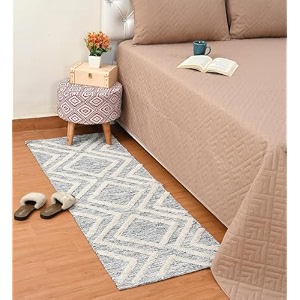 glofy bedside runner hand woven pure cotton carpet 2x5 feet 60cm x 152cm for bedroomlivingroomkitchenyoga and multi purpose colour - black tufted