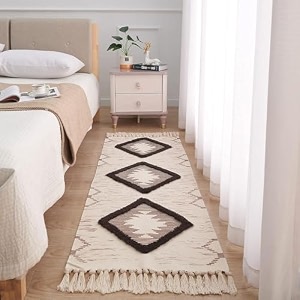 glofy bedside runner hand woven pure cotton carpet 2x5 feet 60cm x 152cm for bedroomlivingroomkitchenyoga and multi purpose colour - beige amp brown