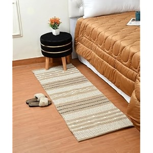 hand woven 100 natural cotton rug carpet bed side runner for bedroom living room  2x5 feet 60cm x 152cm beige amp white zig zag new