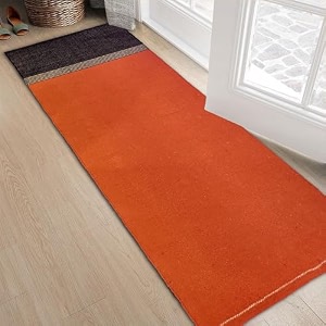 glofy bedside runner hand woven pure cotton carpet 2x5 feet 60cm x 152cm for bedroomlivingroomkitchenyoga and multi purpose colour - orange yoga runner