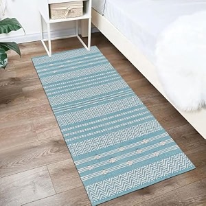 glofy bedside runner hand woven pure cotton carpet 2x5 feet 60cm x 152cm for bedroomlivingroomkitchenyoga and multi purpose colour - turquoise amp white zig zag new