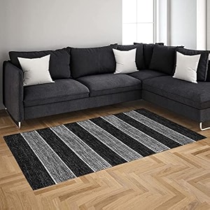 glofy bedside runner hand woven pure cotton carpet 2x5 feet 60cm x 152cm for bedroomlivingroomkitchenyoga and multi purpose colour - black stripe patta