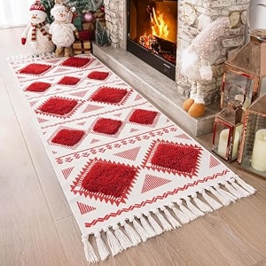 glofy bedside runner hand woven pure cotton carpet 2x5 feet 60cm x 152cm for bedroomlivingroomkitchenyoga and multi purpose colour - red amp white