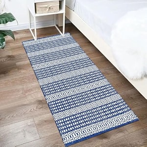 glofy bedside runner hand woven pure cotton carpet 2x5 feet 60cm x 152cm for bedroomlivingroomkitchenyoga and multi purpose colour - blue zig zag box