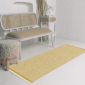 glofy bedside runner hand woven pure cotton carpet 2x5 feet 60cm x 152cm for bedroomlivingroomkitchenyoga and multi purpose colour - yellow diamond