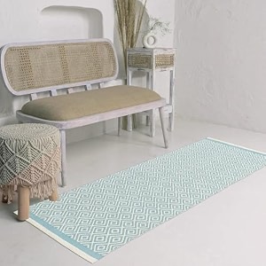 glofy hand woven washable 100 natural cotton rug carpet bed side runner for bedroom living room 2x5 feet 60 cms x 152 cms turquoise diamond
