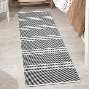 glofy bedside runner hand woven pure cotton carpet 2x5 feet 60cm x 152cm for bedroomlivingroomkitchenyoga and multi purpose colour - black stripe