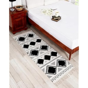 glofy bedside runner hand woven pure cotton carpet 2x5 feet 60cm x 152cm for bedroomlivingroomkitchenyoga and multi purpose colour - dark black amp white