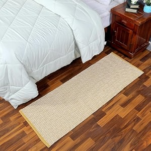 glofy bedside runner hand woven pure cotton carpet 2x5 feet 60cm x 152cm for bedroomlivingroomkitchenyoga and multi purpose colour - yellow zig zag