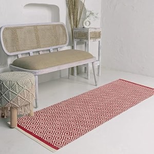 glofy bedside runner hand woven pure cotton carpet 2x5 feet 60cm x 152cm for bedroomlivingroomkitchenyoga and multi purpose colour - red beige diamond