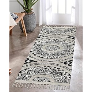 glofy bedside runner hand woven pure cotton carpet 2x5 feet 60cm x 152cm for bedroomlivingroomkitchenyoga and multi purpose colour - white amp black degine