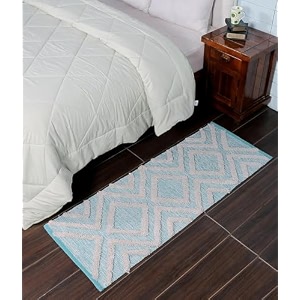 glofy bedside runner hand woven pure cotton carpet 2x5 feet 60cm x 152cm for bedroomlivingroomkitchenyoga and multi purpose colour - sky blue tufted