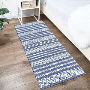 glofy bedside runner hand woven pure cotton carpet 2x5 feet 60cm x 152cm for bedroomlivingroomkitchenyoga and multi purpose colour - blue amp white zig zag new