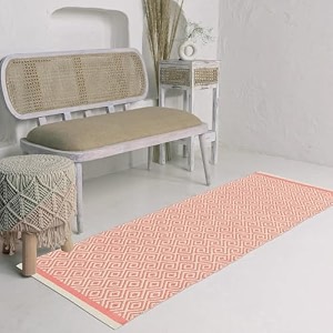 glofy bedside runner hand woven pure cotton carpet 2x5 feet 60cm x 152cm for bedroomlivingroomkitchenyoga and multi purpose colour - peach diamond