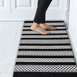 glofy bedside runner hand woven pure cotton carpet 2x5 feet 60cm x 152cm for bedroomlivingroomkitchenyoga and multi purpose colour - black diamond box
