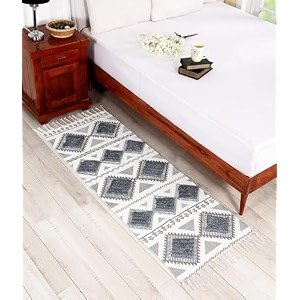 glofy hand woven washable 100 natural cotton rug carpet bed side runner for bedroom living room 2x5 feet 60 cms x 152 cms grey white