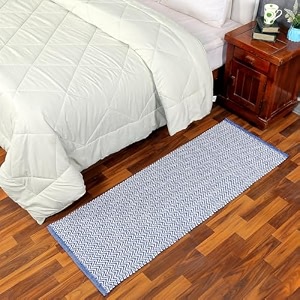glofy bedside runner hand woven pure cotton carpet 2x5 feet 60cm x 152cm for bedroomlivingroomkitchenyoga and multi purpose colour - blue zig zag