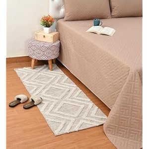 glofy bedside runner hand woven pure cotton carpet 2x5 feet 60cm x 152cm for bedroomlivingroomkitchenyoga and multi purpose colour - beige tufted