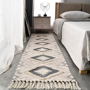 hand woven 100 cotton bedside runner tufted reversible runner carpet for living room bedroom guest room kitchen  2x5 feet 60cm x 152cm beige amp ivory