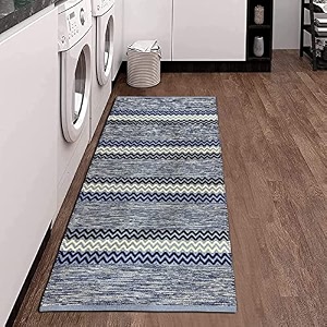 glofy bedside runner hand woven pure cotton carpet 2x5 feet 60cm x 152cm for bedroomlivingroomkitchenyoga and multi purpose colour - blue zig zag degine