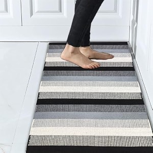 glofy bedside runner hand woven pure cotton carpet 2x5 feet 60cm x 152cm for bedroomlivingroomkitchenyoga and multi purpose colour - grey black multi