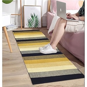 glofy bedside runner hand woven pure cotton carpet 2x5 feet 60cm x 152cm for bedroomlivingroomkitchenyoga and multi purpose colour - yellow multi