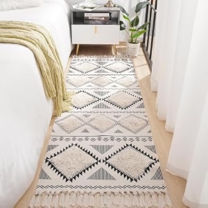 hand woven 100 natural cotton rug carpet bed side runner for bedroom living room  2x5 feet 60cm x 152cm white black