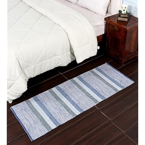 glofy bedside runner hand woven pure cotton carpet 2x5 feet 60cm x 152cm for bedroomlivingroomkitchenyoga and multi purpose colour - sky blue diamond new
