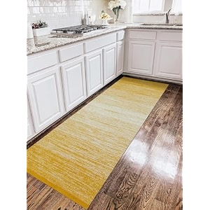 hand woven 100 cotton bedside runner tufted reversible runner carpet for living room bedroom guest room kitchen yoga mat  2x5 feet 60cm x 152cm yellow mix