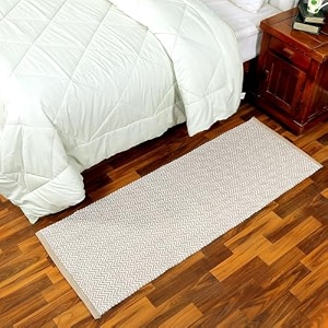 glofy bedside runner hand woven pure cotton carpet 2x5 feet 60cm x 152cm for bedroomlivingroomkitchenyoga and multi purpose colour - beige zig zag